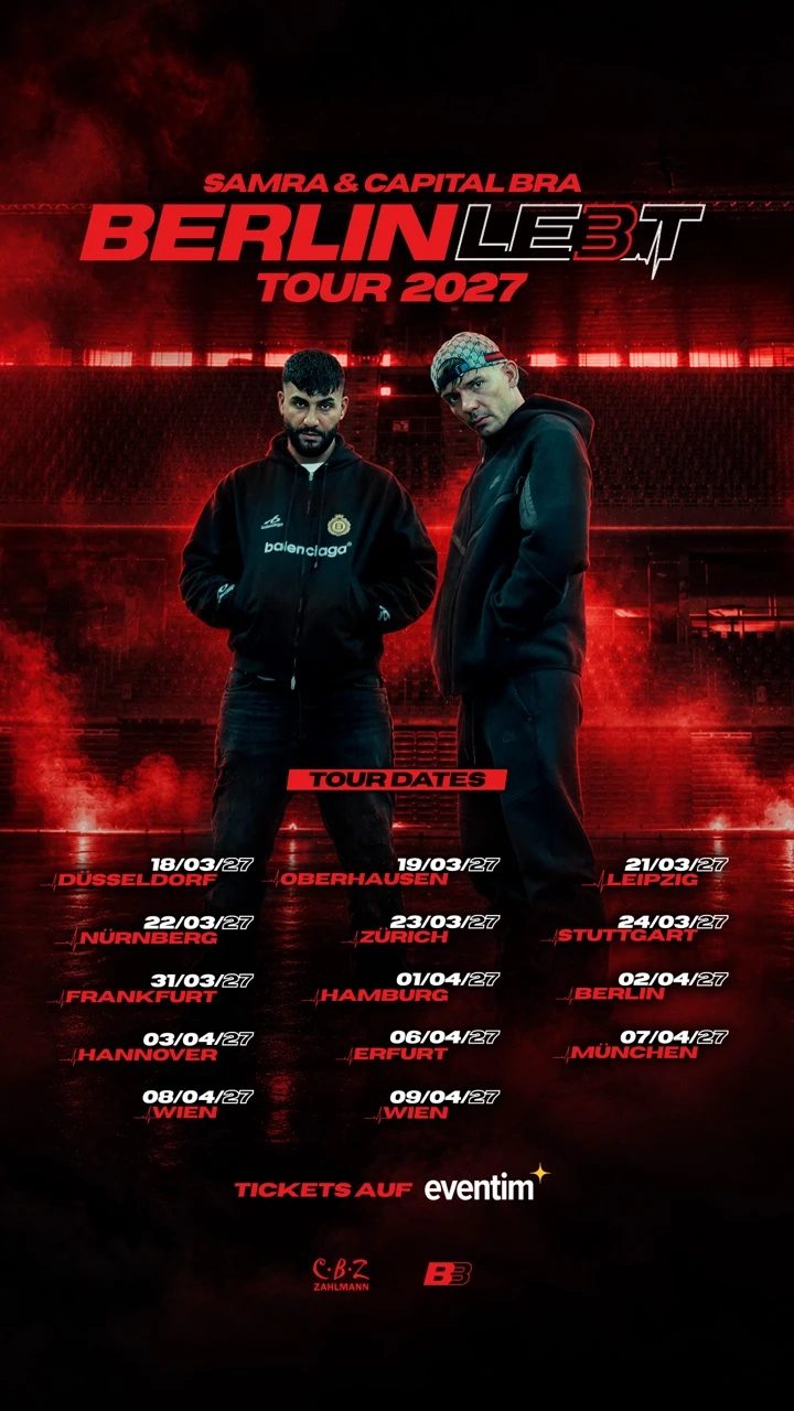 Samra & Capital Bra — Berlin lebt 3 Tour 2027. Tourplakat von Design Now.