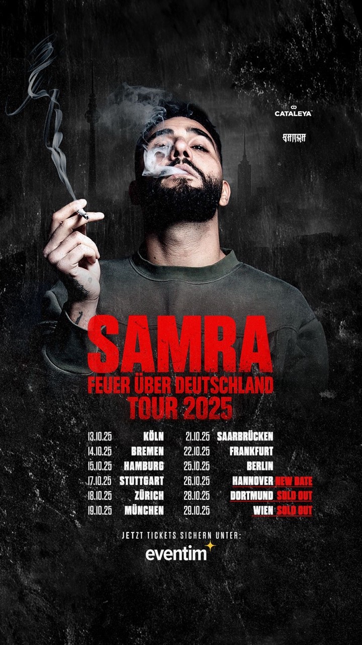 Samra — Feuer über Deutschland Tour 2025. Tourplakat von Design Now.